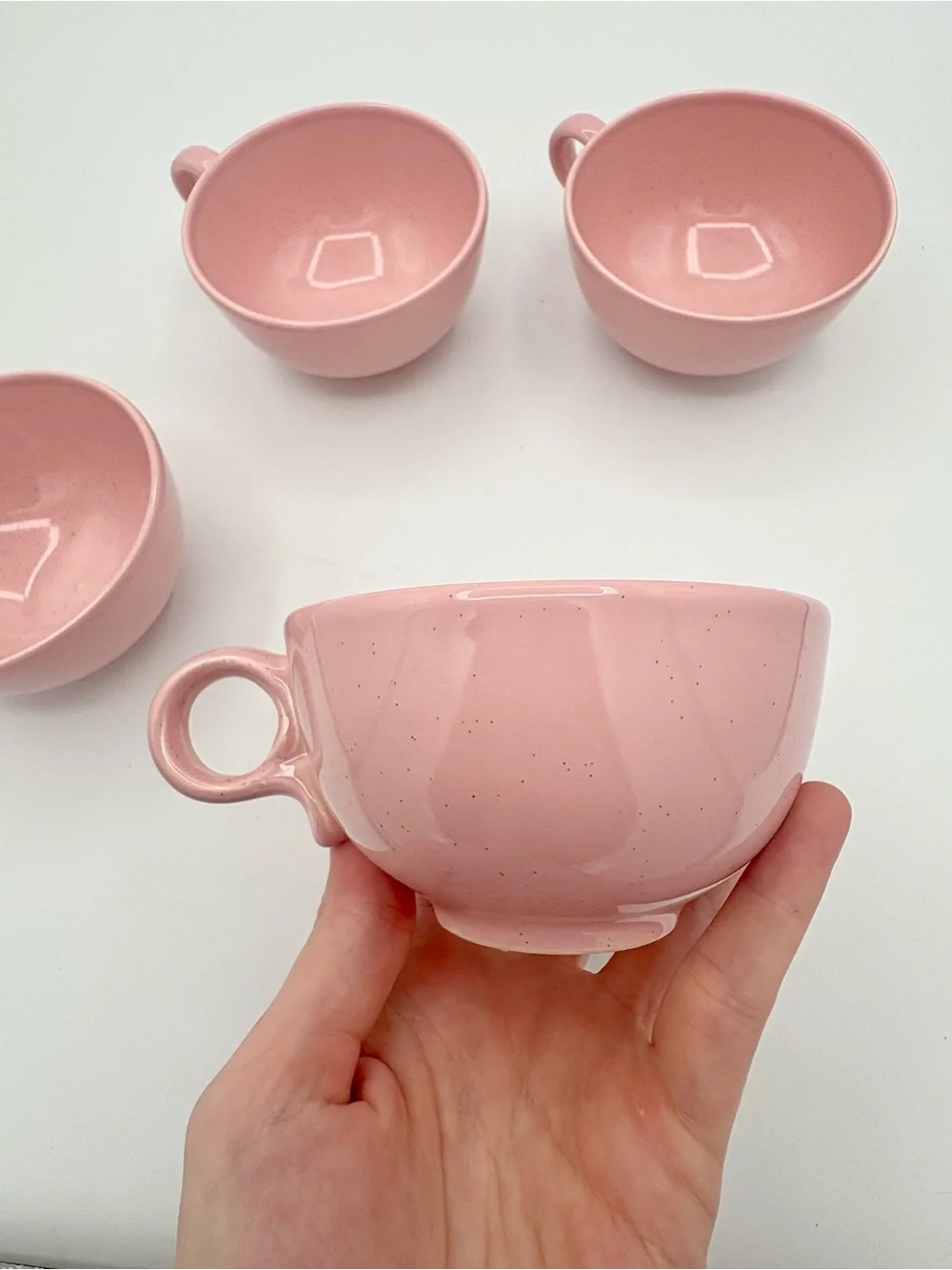 Vintage Set of 4 Pink Tea Cups Short Speckled Mid Century Modern Decor Serving